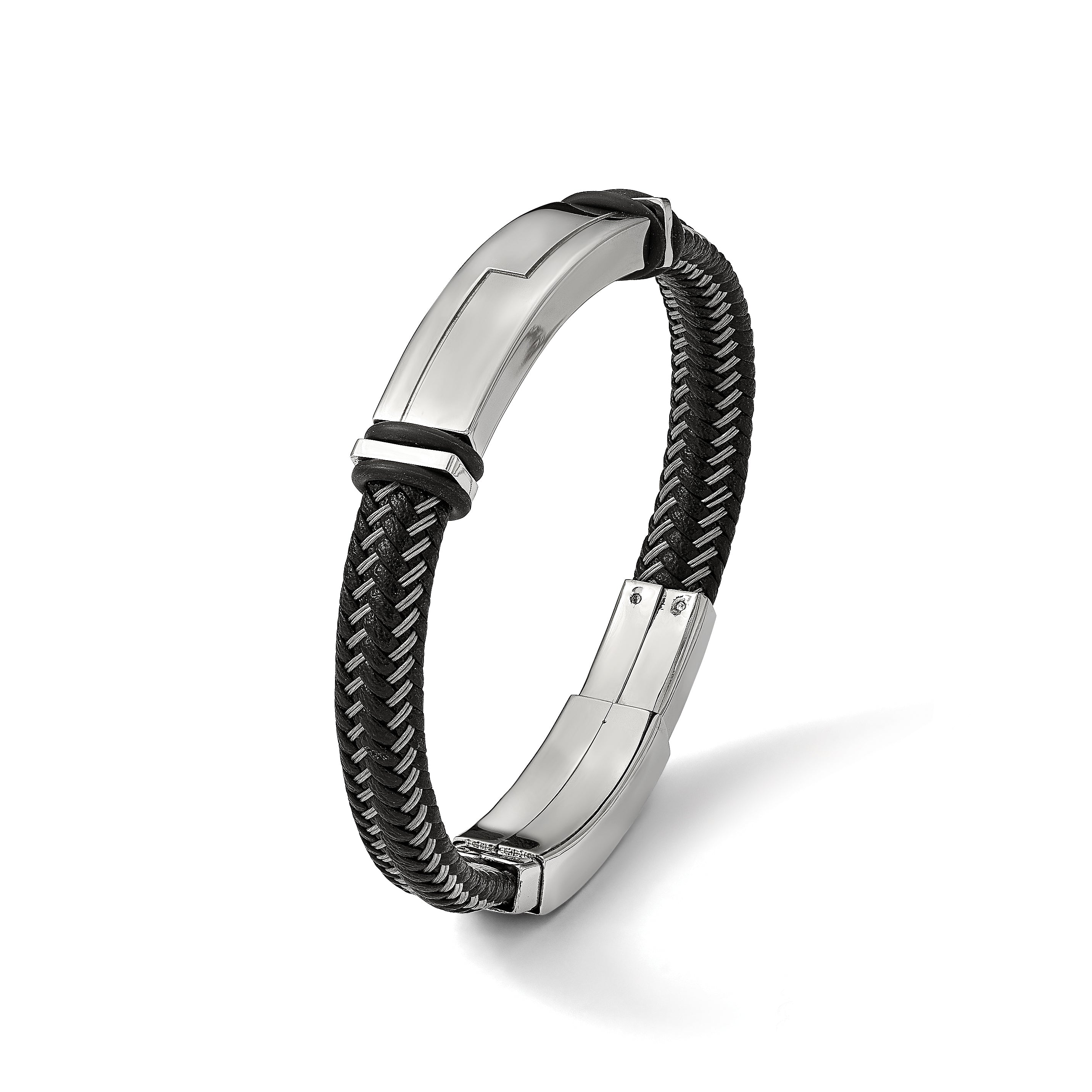 Stainless Steel Polished Braided Wire and Black Leather with Rubber Adjustable 8.25 to ID Bracelet for Men
