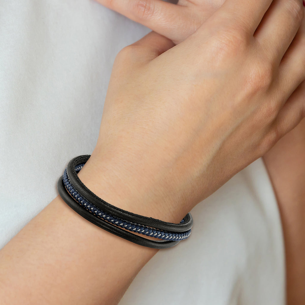 Stainless Steel Brushed Wire Multi Strand Black and Blue Braided Leather Bracelet for Men