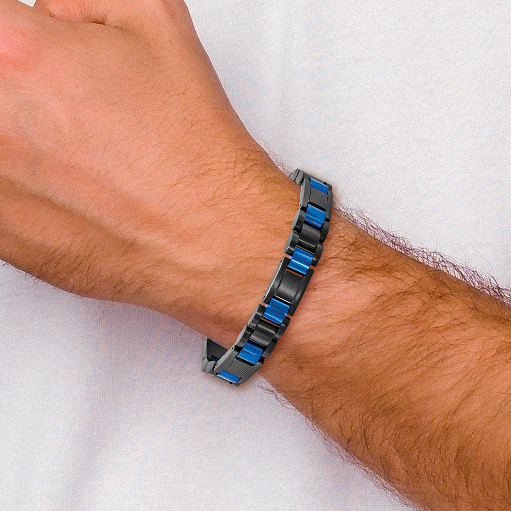 Stainless Steel Brushed and Polished Black and Blue IP-plated Link Bracelet for Men