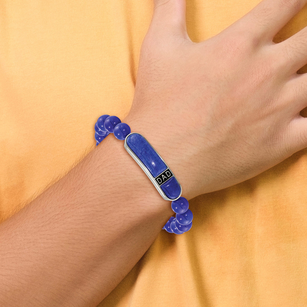 Stainless Steel Polished Enameled 10.5mm Lapis Beaded Stretch Dad ID Bracelet for Men