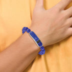 Stainless Steel Polished Enameled 10.5mm Lapis Beaded Stretch Dad ID Bracelet for Men