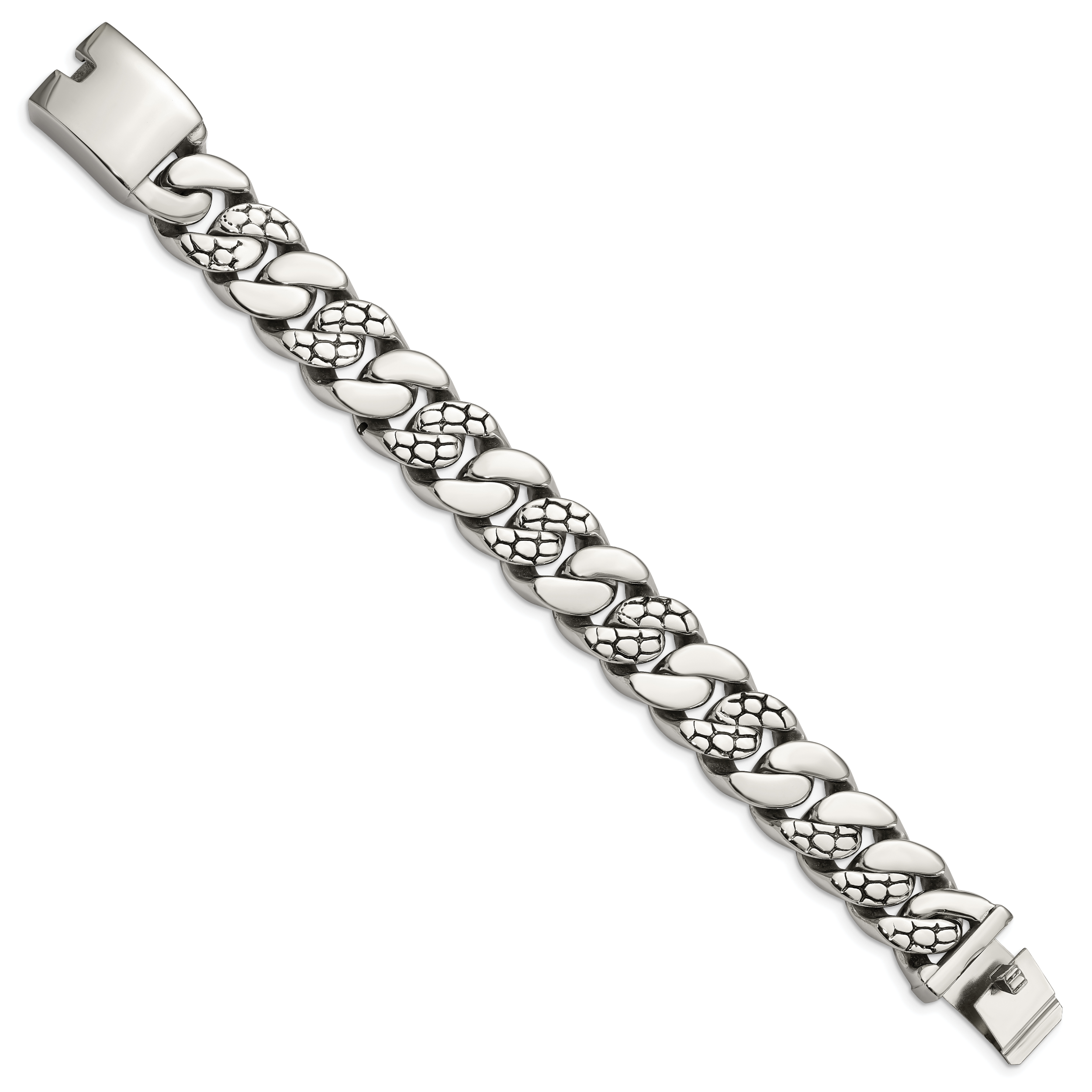 Stainless Steel Polished and Textured Snake Skin Design Curb Bracelet for Men Secondary image