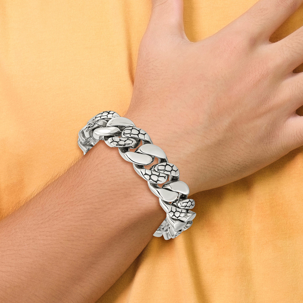 Stainless Steel Polished and Textured Snake Skin Design Curb Bracelet for Men
