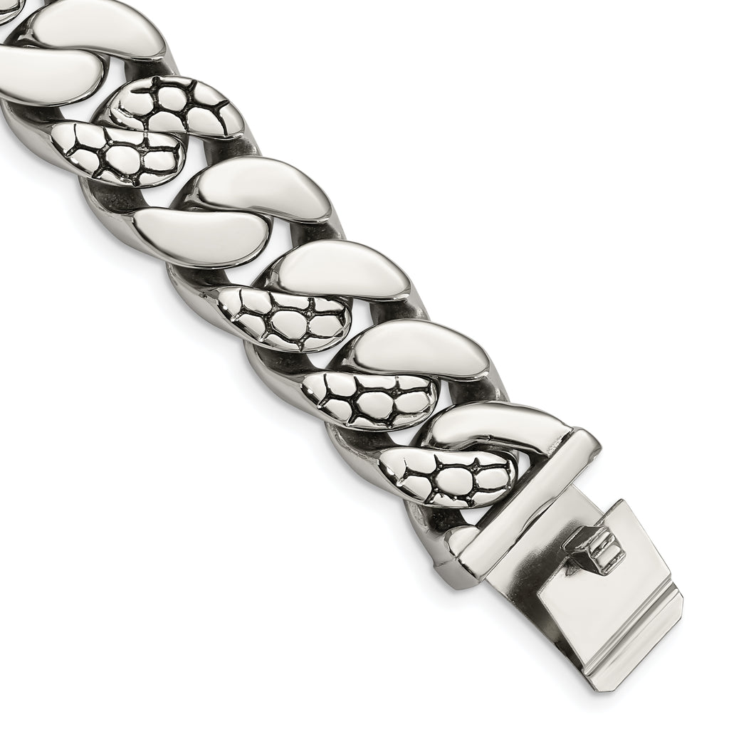 Stainless Steel Polished and Textured Snake Skin Design Curb Bracelet for Men