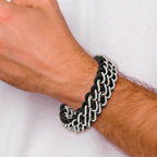 Stainless Steel Polished Black Leather Bracelet for Men