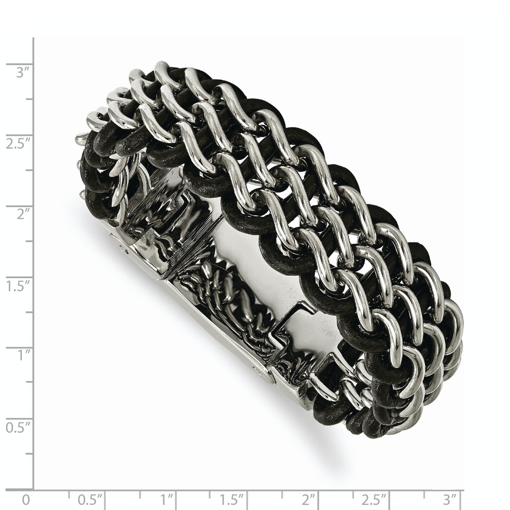 Stainless Steel Polished Black Leather Bracelet for Men