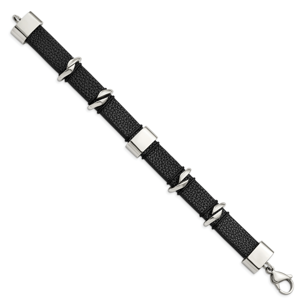 Stainless Steel Polished Black Leather Bracelet for Men