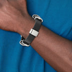 Stainless Steel Polished Black Leather Bracelet for Men