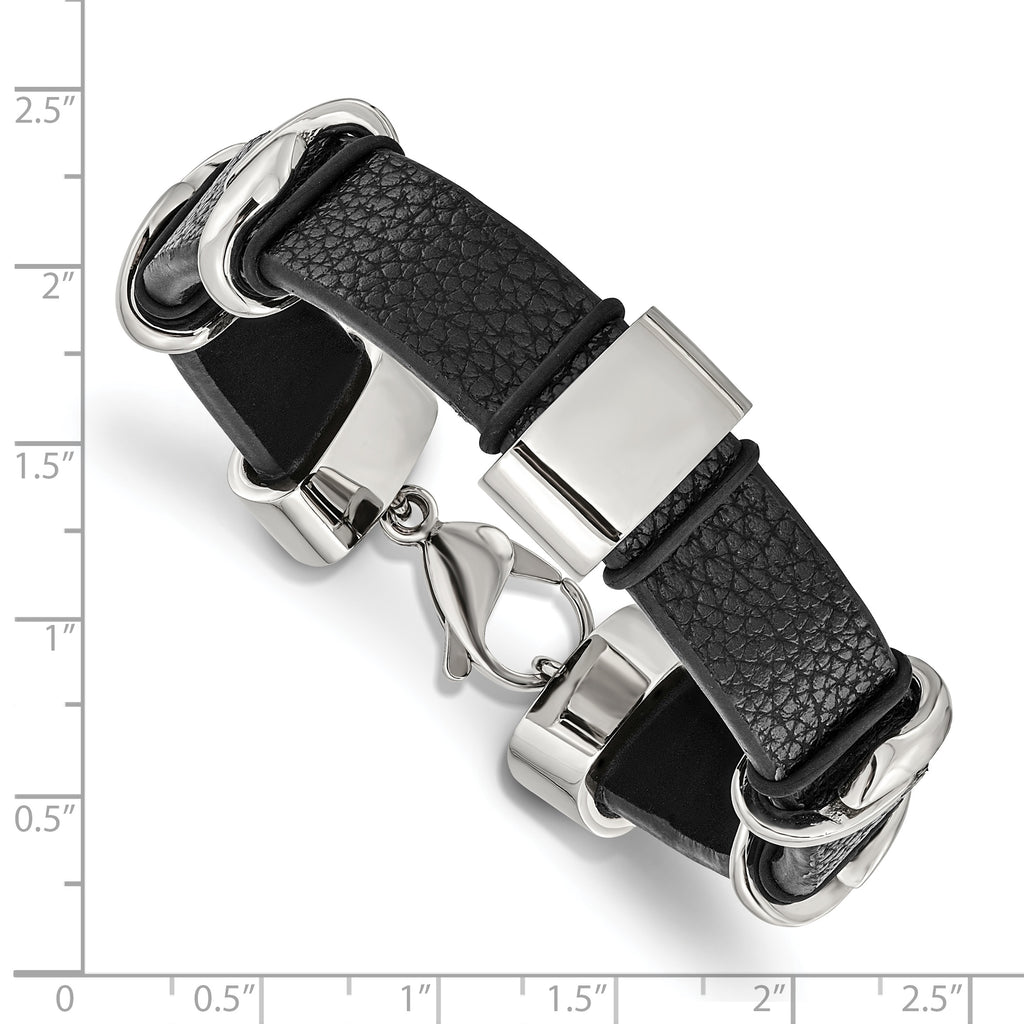 Stainless Steel Polished Black Leather Bracelet for Men