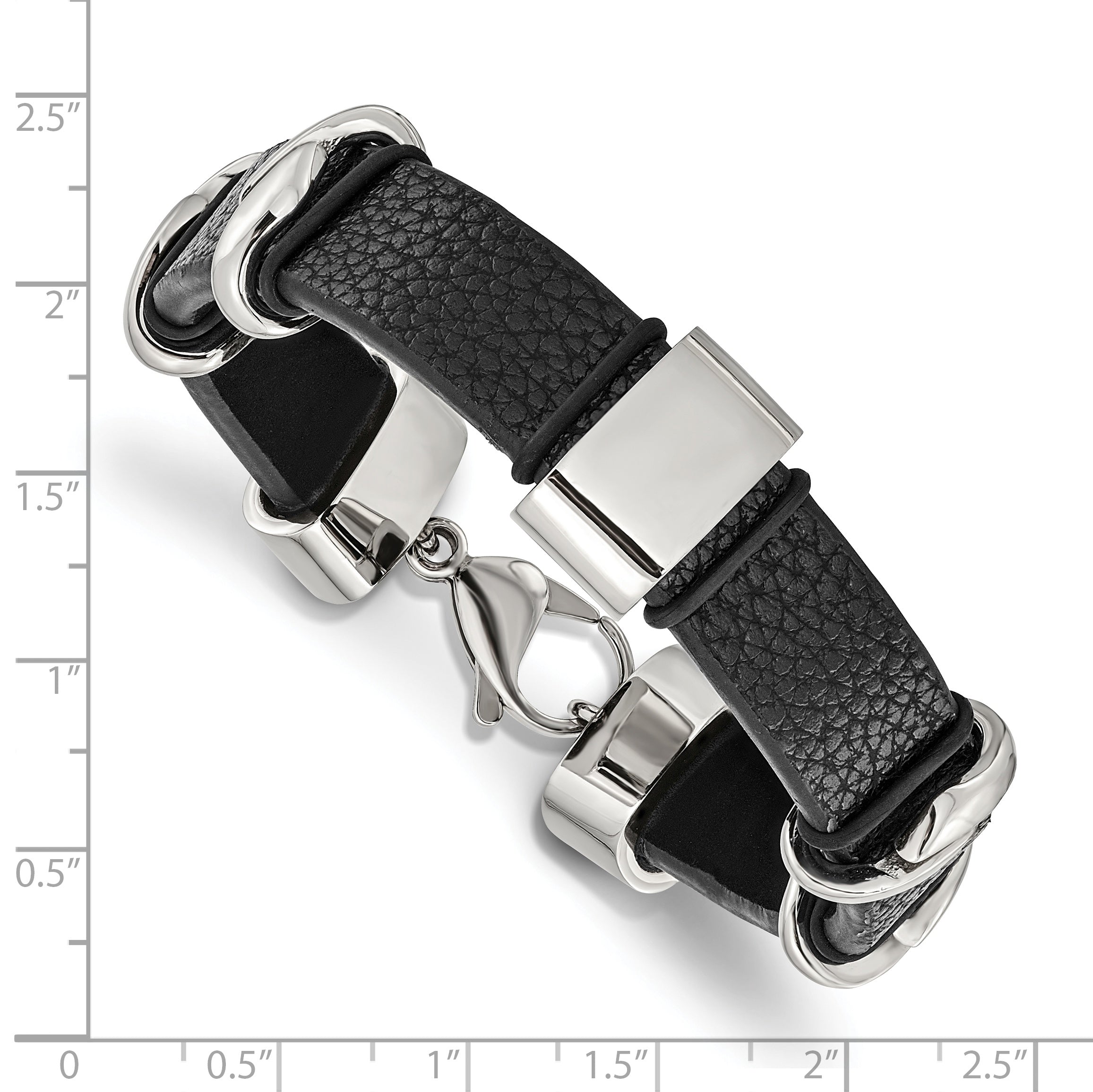 Stainless Steel Polished Black Leather Bracelet for Men
