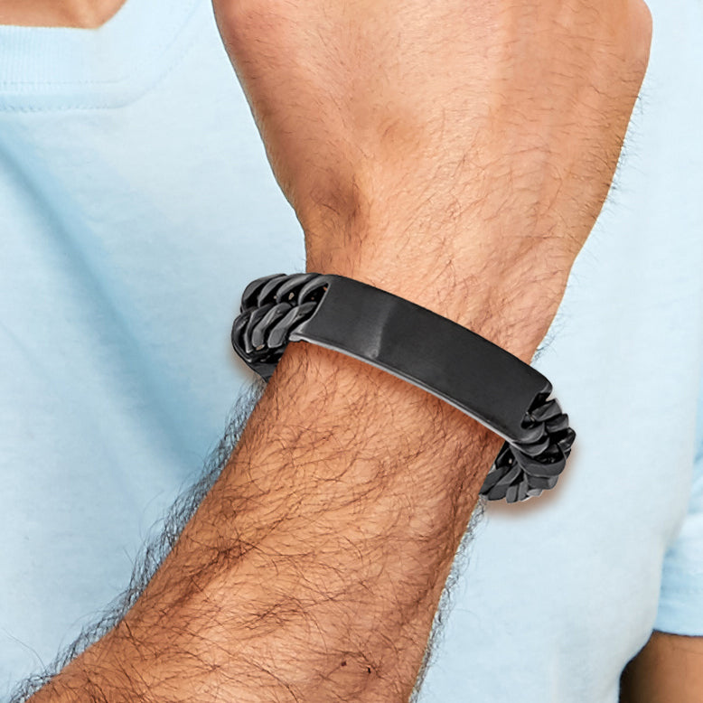 Stainless Steel Brushed Black IP-plated Curb Chain ID Bracelet for Men