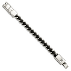 Stainless Steel Polished Black Leather Bracelet for Men