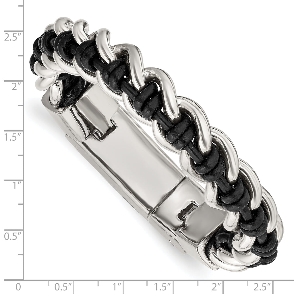 Stainless Steel Polished Black Leather Bracelet for Men