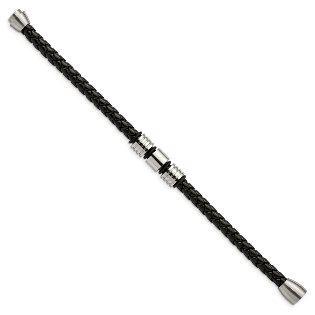 Stainless Steel Brushed and Polished Braided Black Leather Bracelet for Men