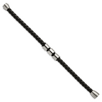 Stainless Steel Brushed and Polished Braided Black Leather Bracelet for Men