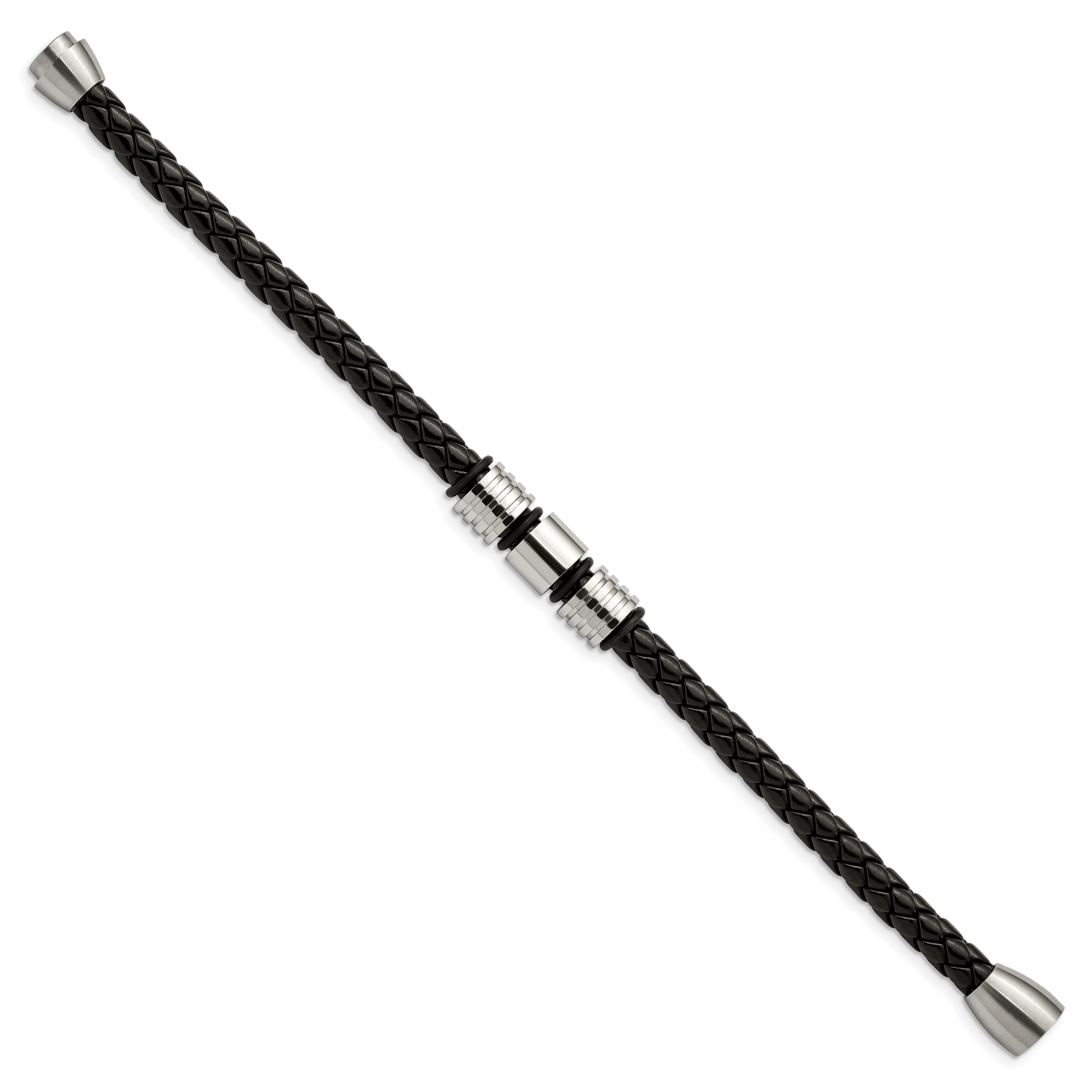 Stainless Steel Brushed and Polished Braided Black Leather Bracelet for Men