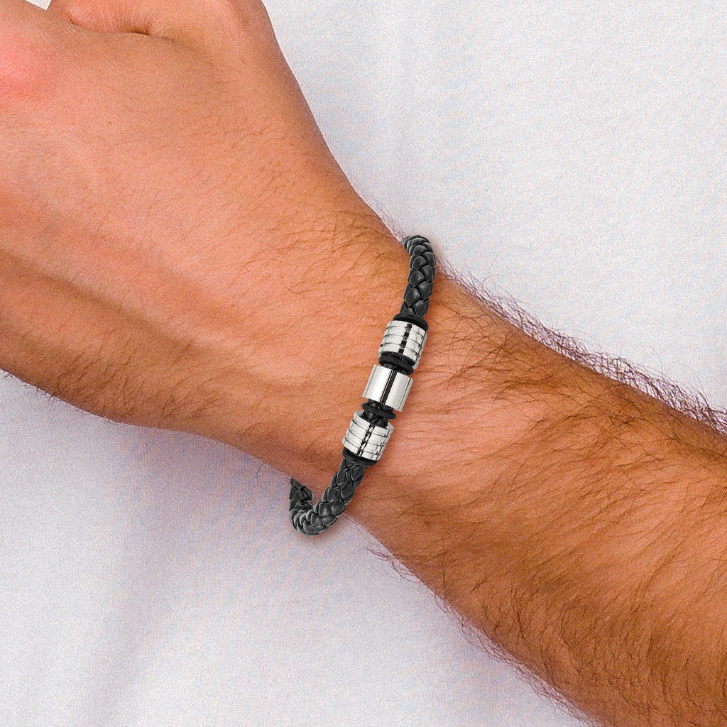 Stainless Steel Brushed and Polished Braided Black Leather Bracelet for Men