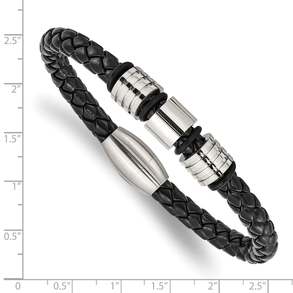 Stainless Steel Brushed and Polished Braided Black Leather Bracelet for Men