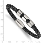 Stainless Steel Brushed and Polished Braided Black Leather Bracelet for Men
