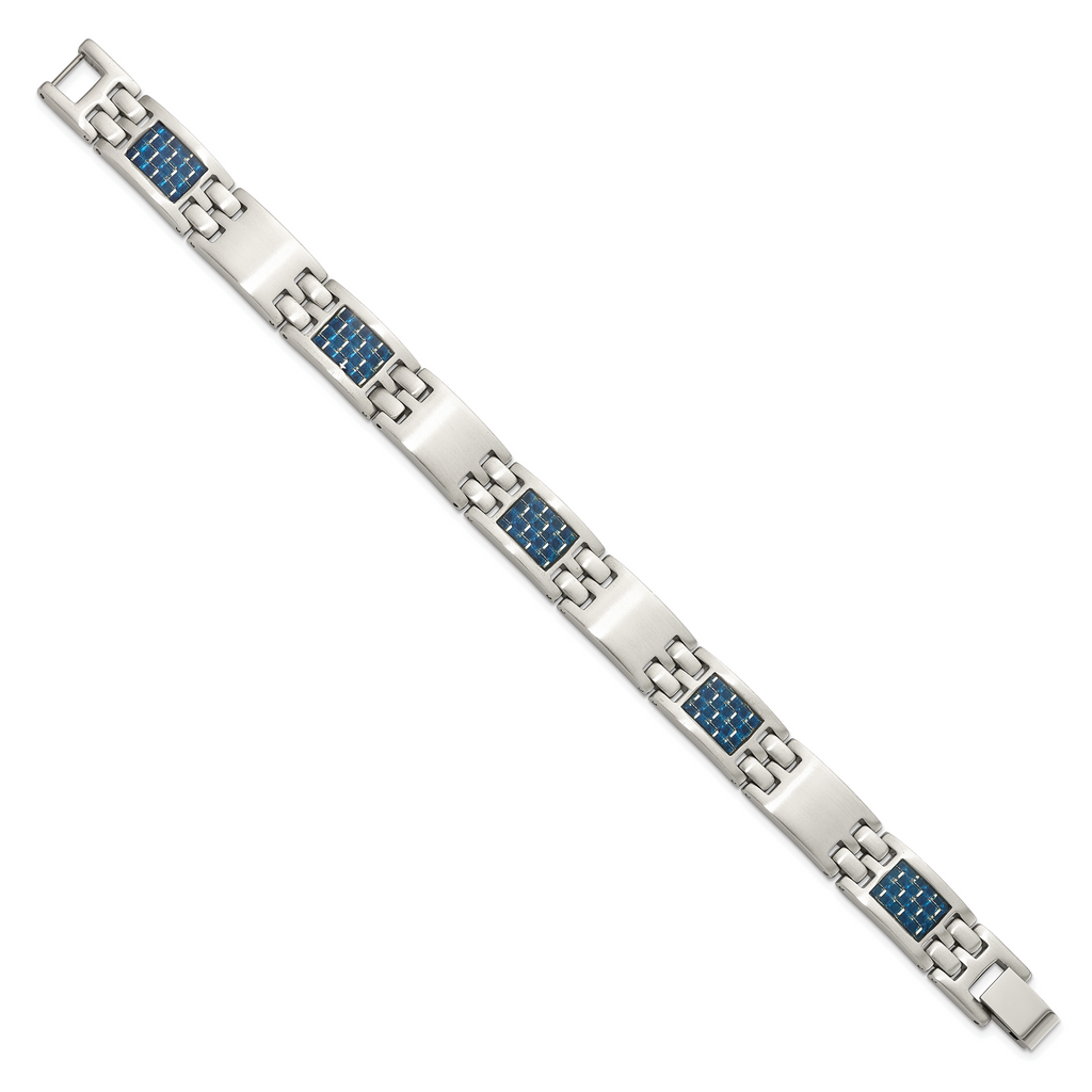 Stainless Steel Brushed with Blue Carbon Fiber Inlay Link Bracelet for Men