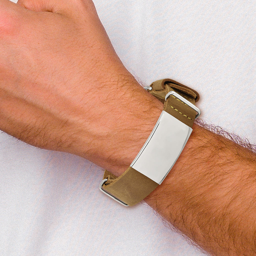 Stainless Steel Polished Brown Leather Adj. ID Bracelet for Men