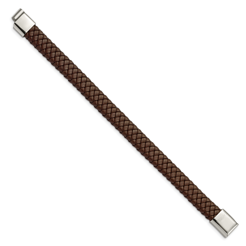 Stainless Steel Polished Brown Braided Leather Bracelet for Men