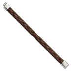 Stainless Steel Polished Brown Braided Leather Bracelet for Men