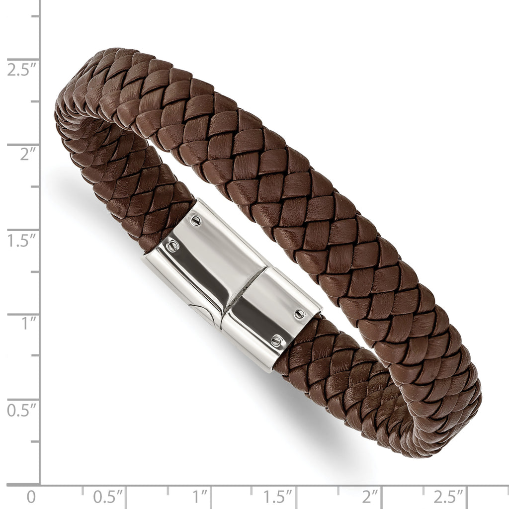 Stainless Steel Polished Brown Braided Leather Bracelet for Men