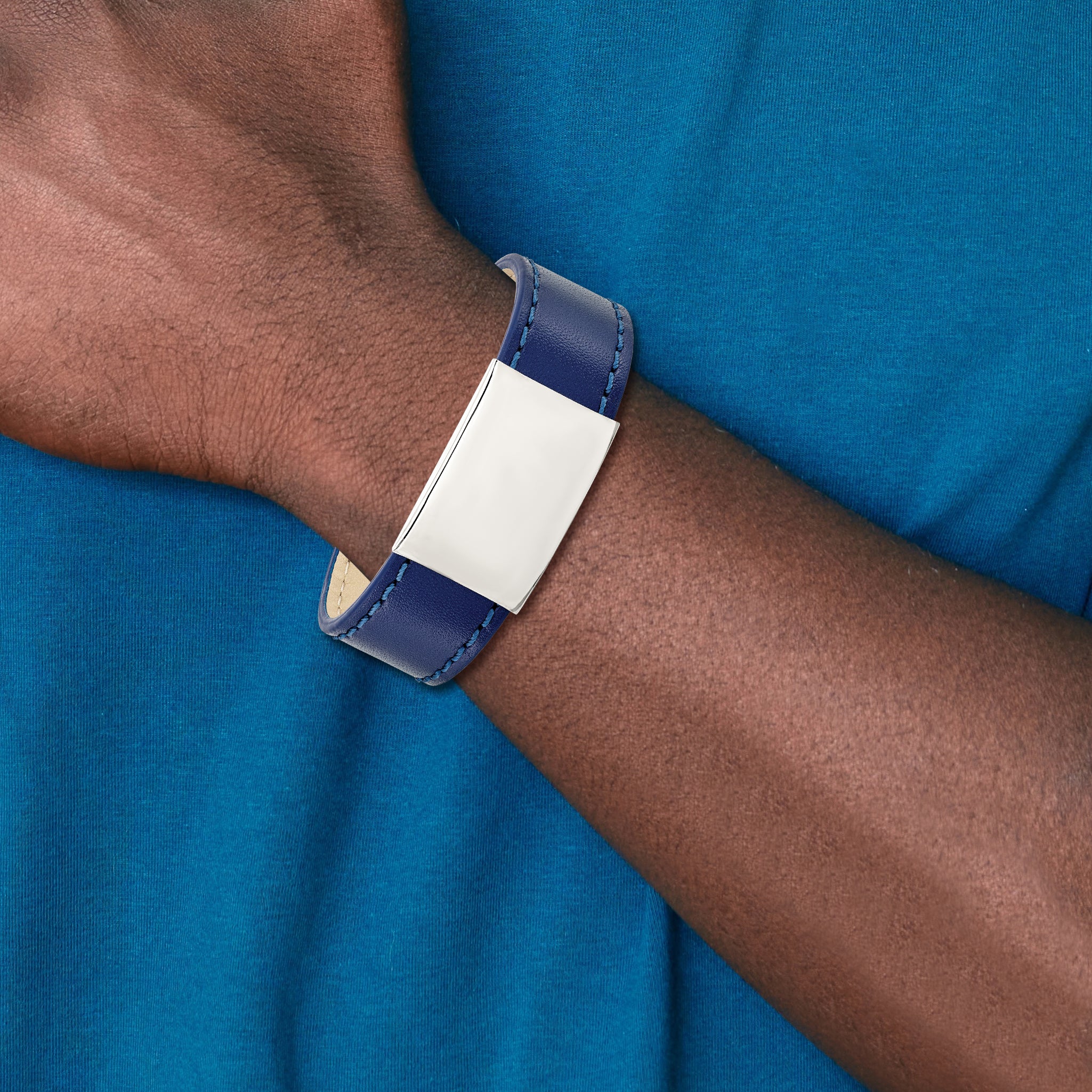 Stainless Steel Polished Blue Leather ID Bracelet for Men