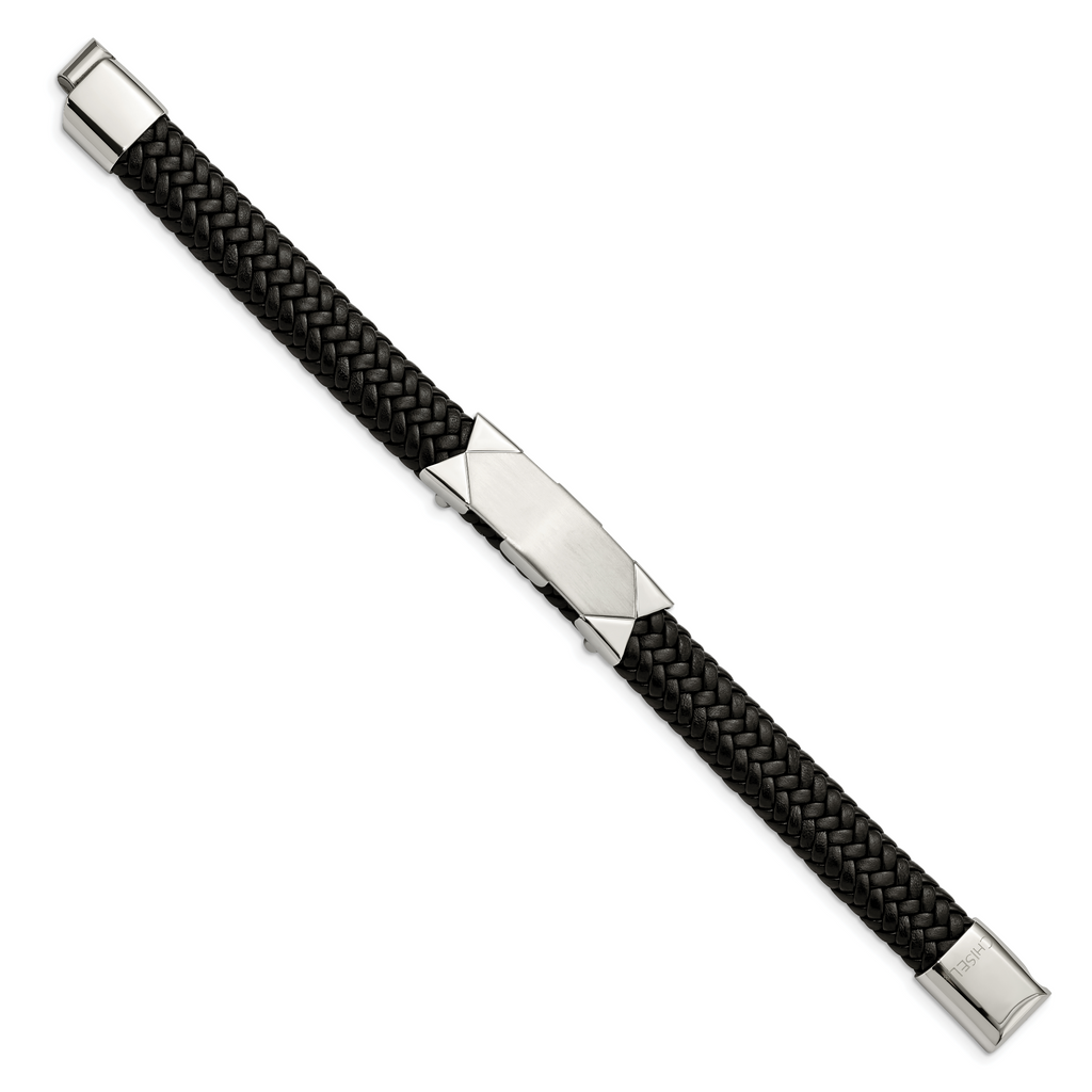Stainless Steel Brushed and Polished Braided Black Leather ID Bracelet for Men