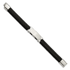 Stainless Steel Brushed and Polished Braided Black Leather ID Bracelet for Men
