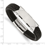 Stainless Steel Brushed and Polished Braided Black Leather ID Bracelet for Men