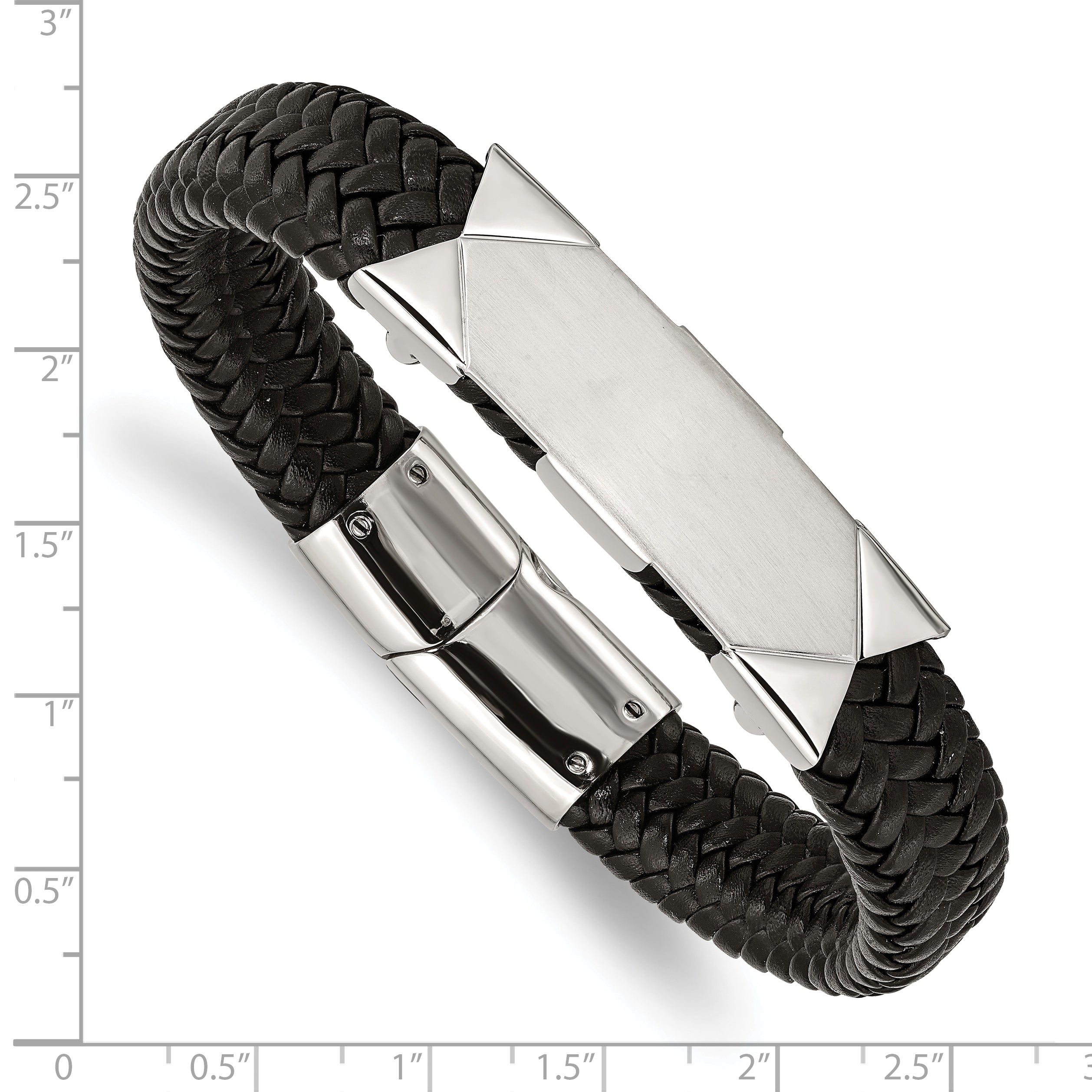 Stainless Steel Brushed and Polished Braided Black Leather ID Bracelet for Men