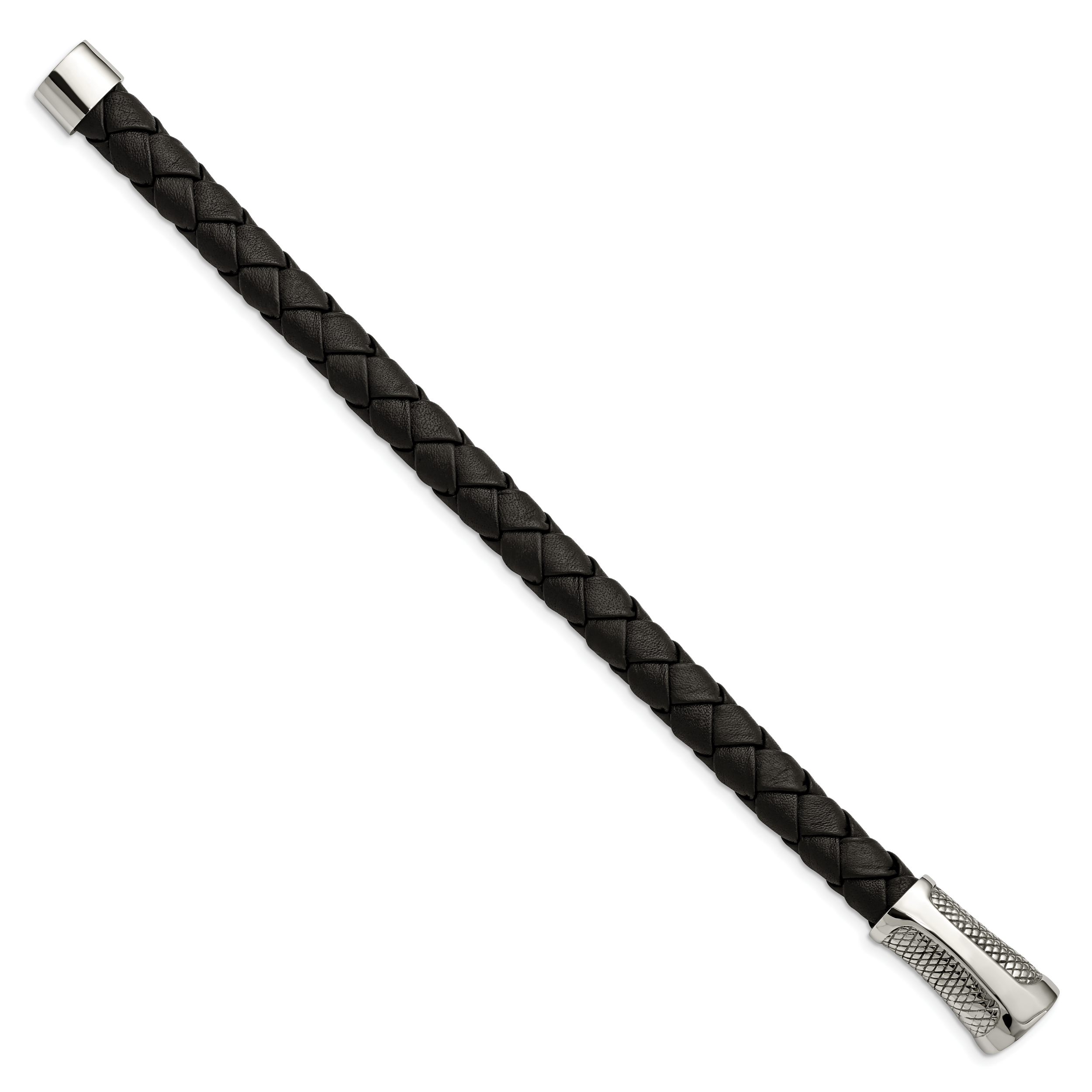 Stainless Steel Polished and Textured Black Braided Leather Bracelet for Men Secondary image