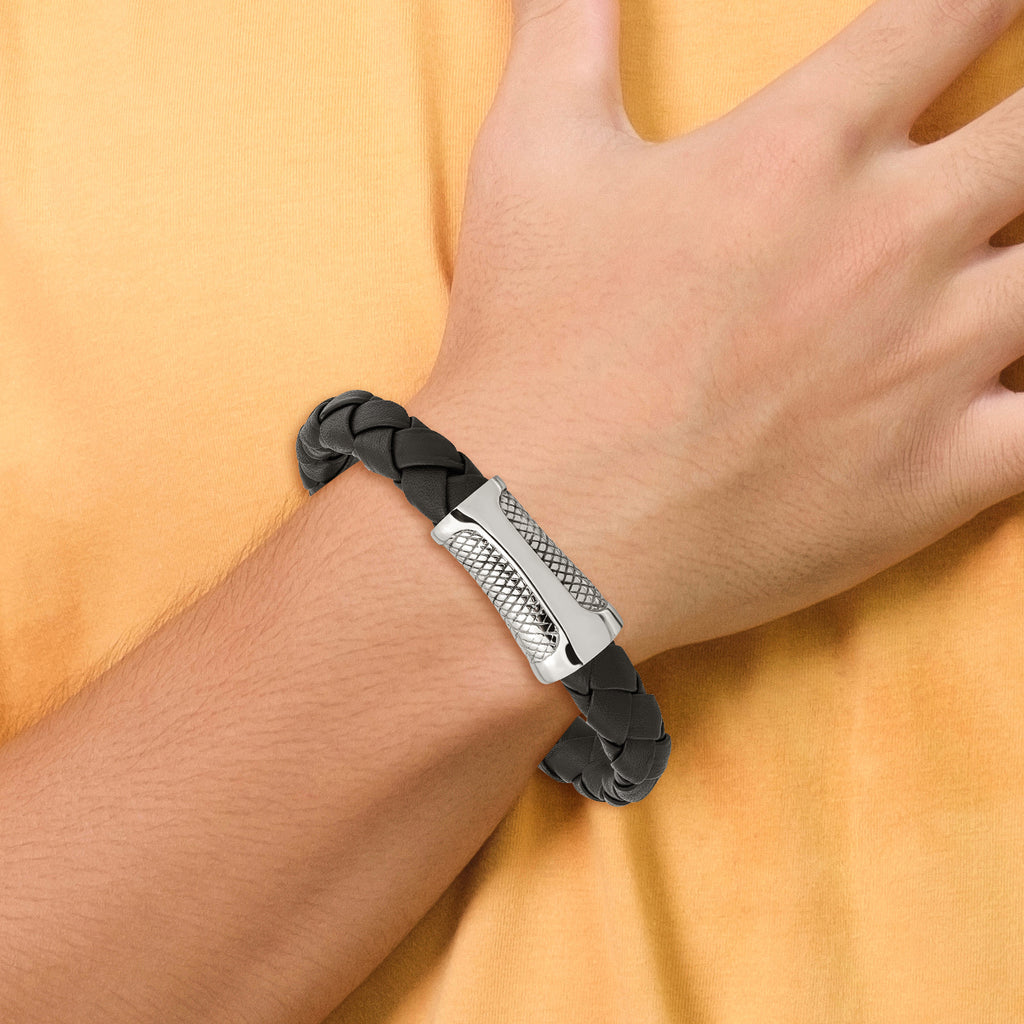 Stainless Steel Polished and Textured Black Braided Leather Bracelet for Men