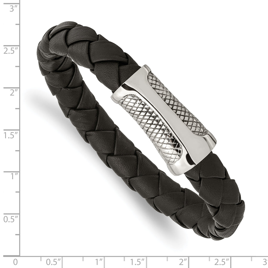 Stainless Steel Polished and Textured Black Braided Leather Bracelet for Men