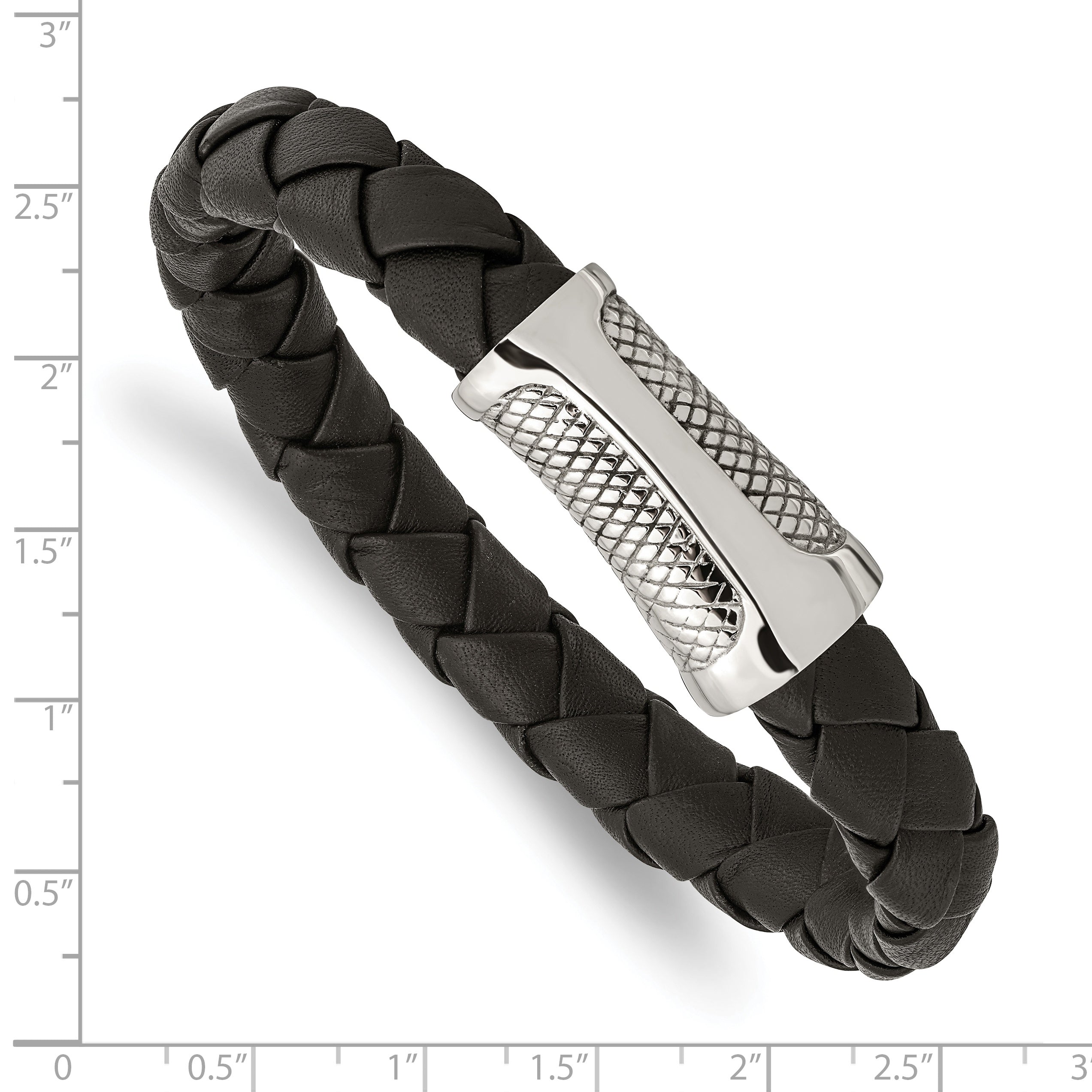 Stainless Steel Polished and Textured Black Braided Leather Bracelet for Men