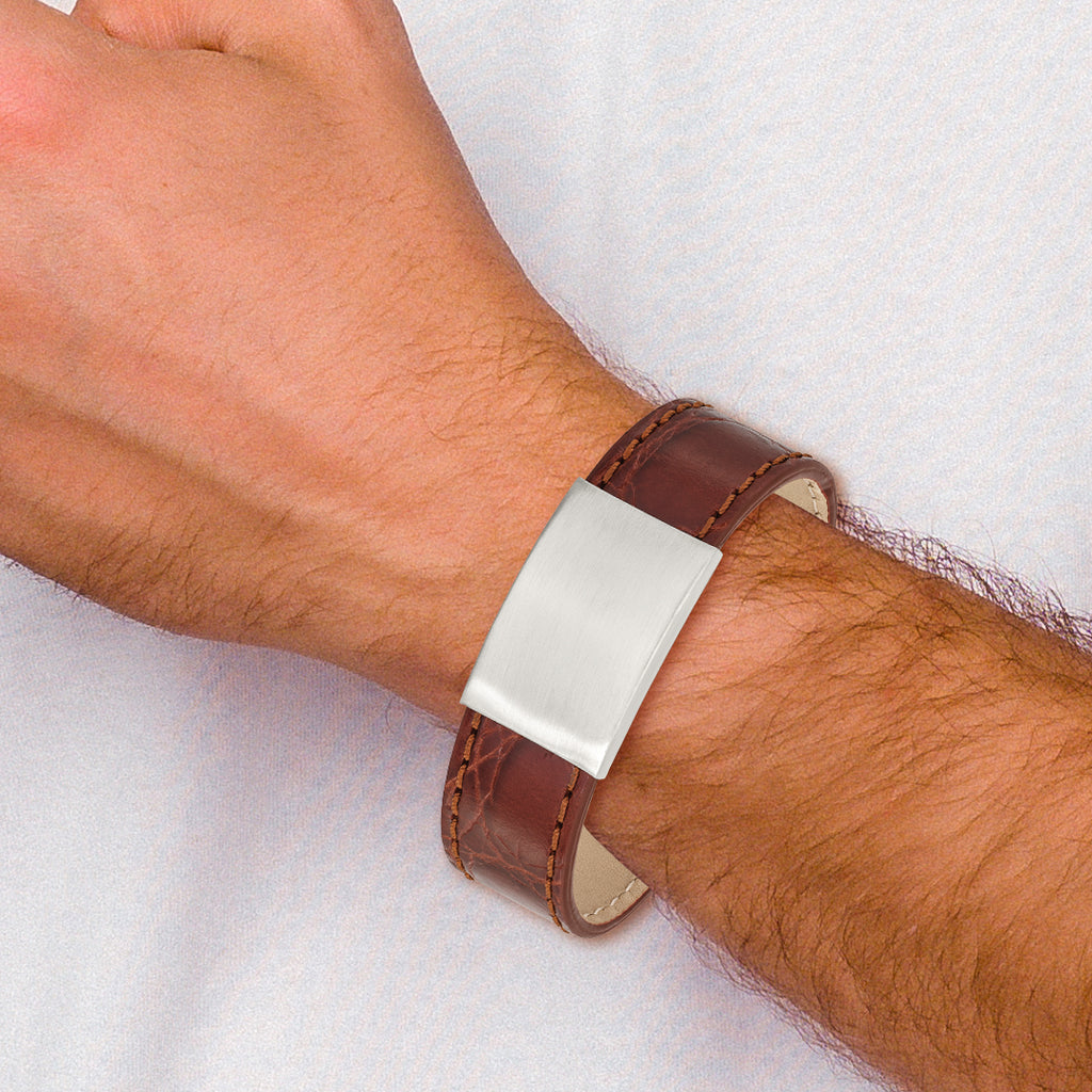 Stainless Steel Brushed Medium Brown Leather ID Bracelet for Men