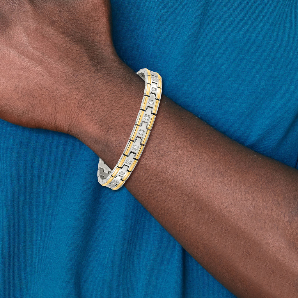 Stainless Steel Polished Yellow IP-plated with Cubic Zirconia Link Bracelet for Men