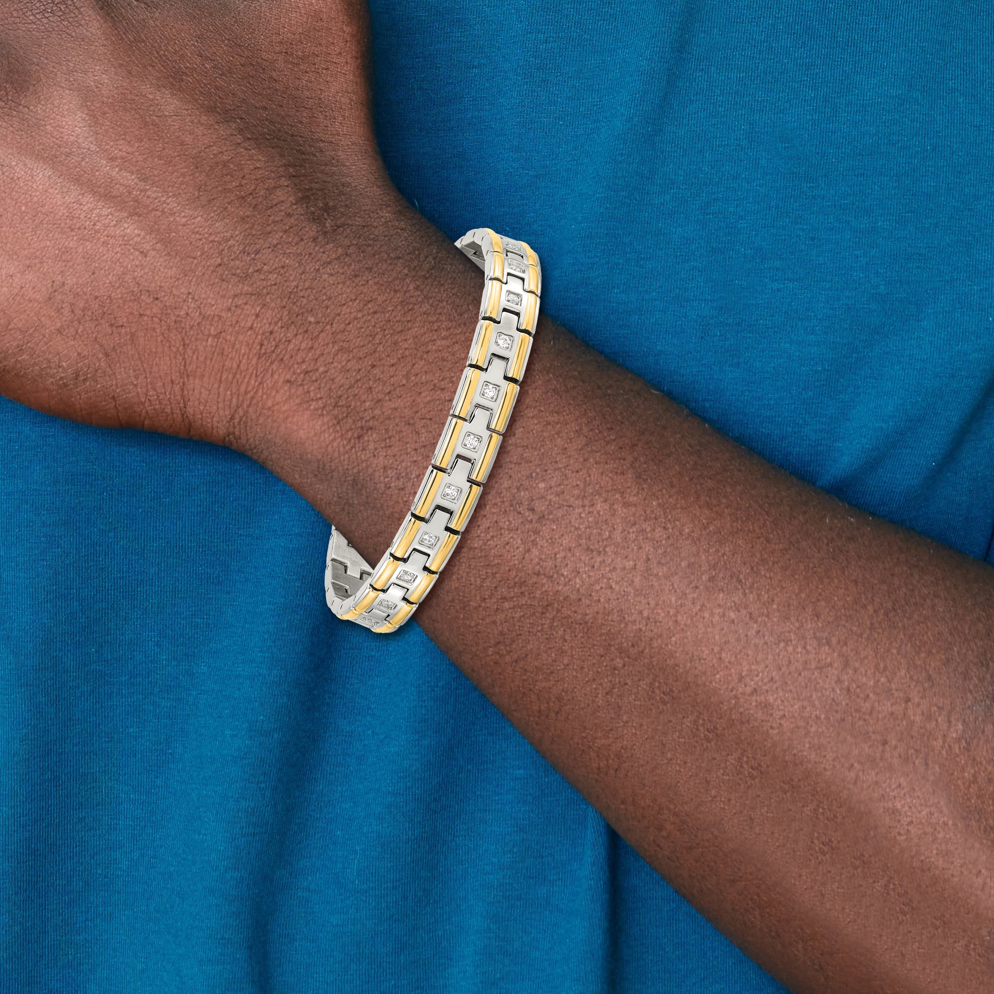Stainless Steel Polished Yellow IP-plated with Cubic Zirconia Link Bracelet for Men