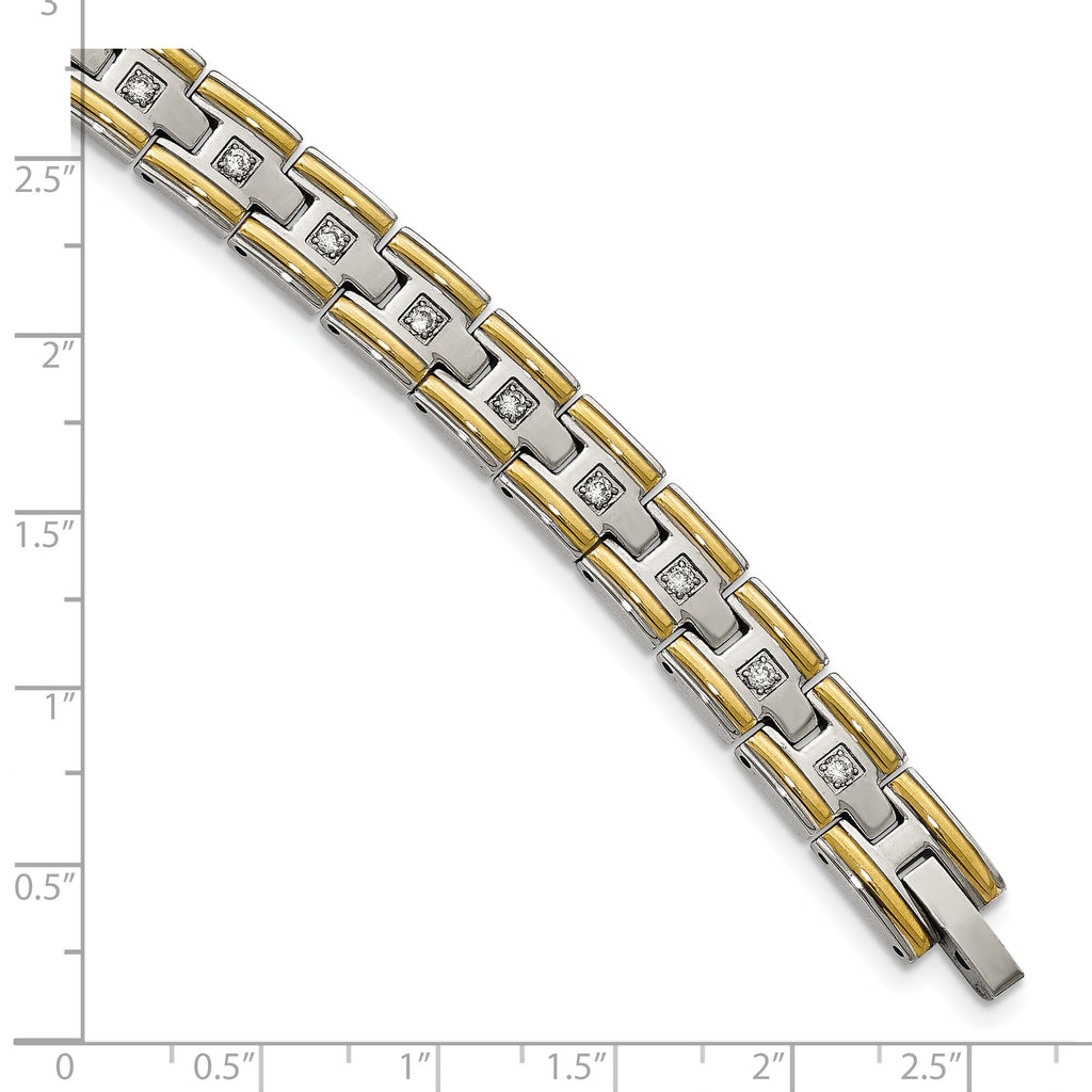 Stainless Steel Polished Yellow IP-plated with Cubic Zirconia Link Bracelet for Men