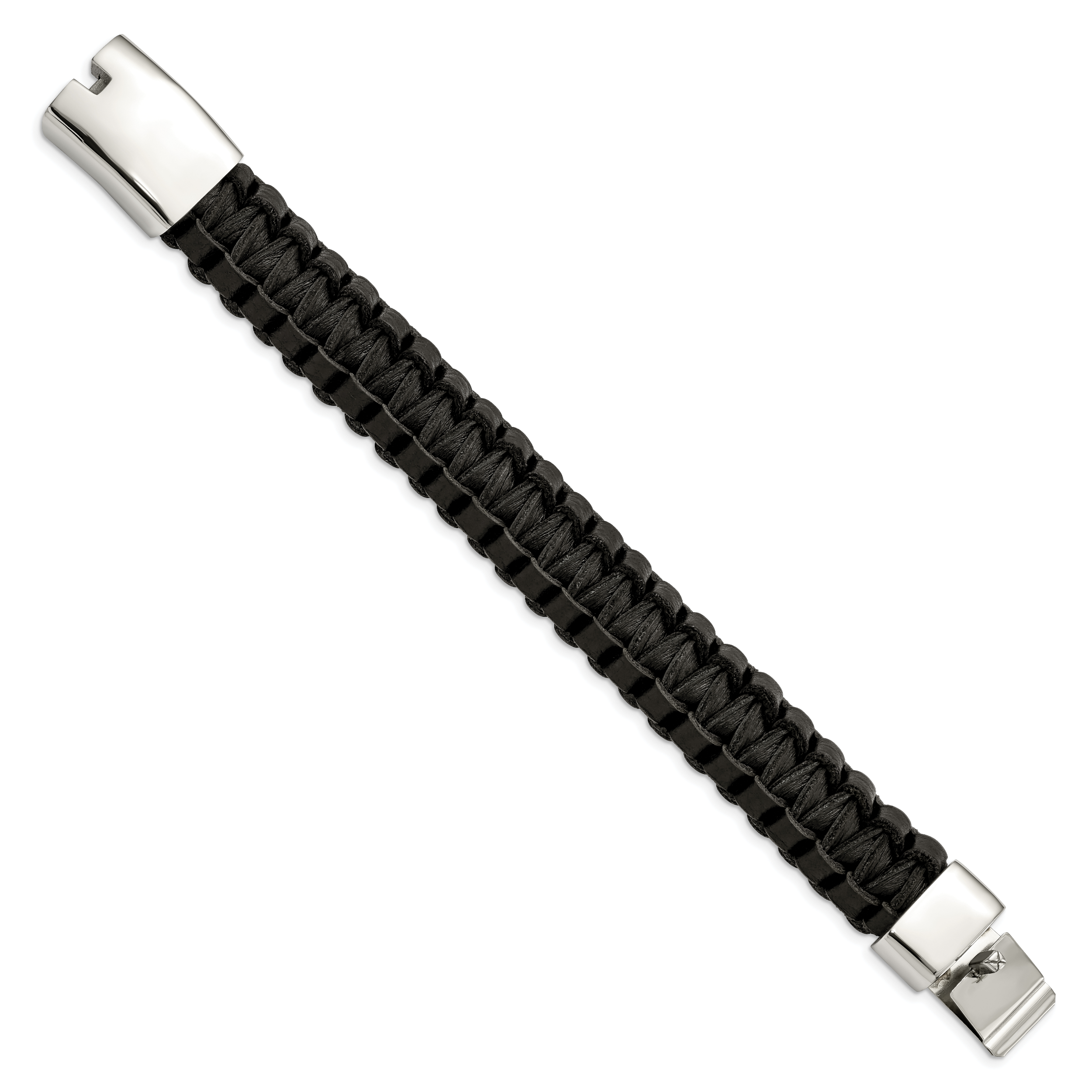 Stainless Steel Polished Flat Braided Black Leather Bracelet for Men