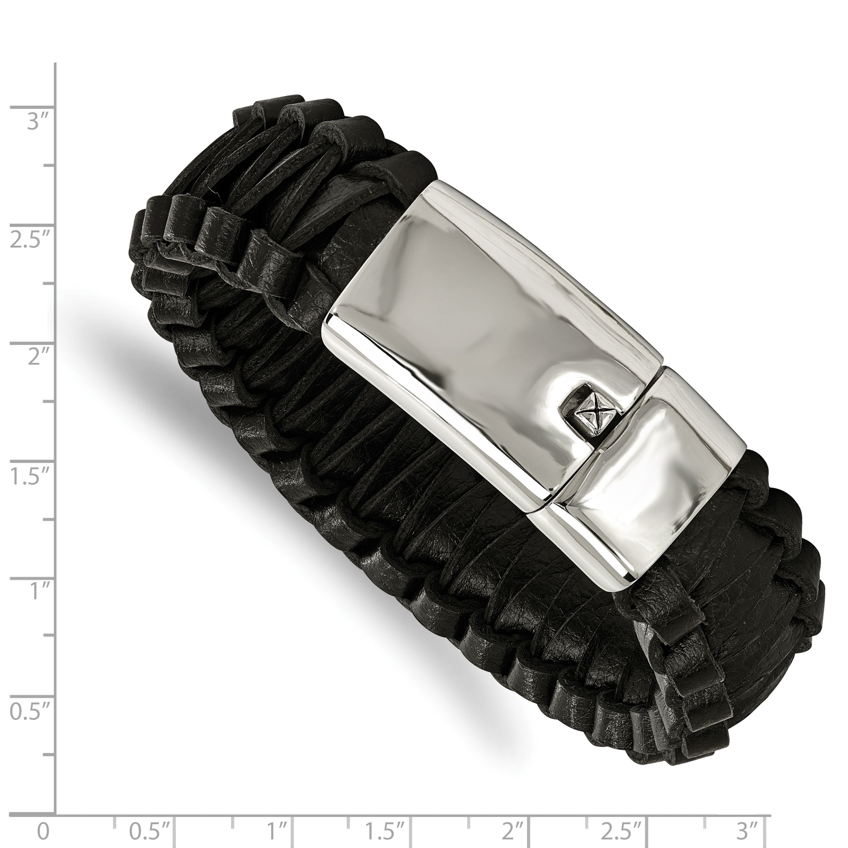 Stainless Steel Polished Flat Braided Black Leather Bracelet for Men