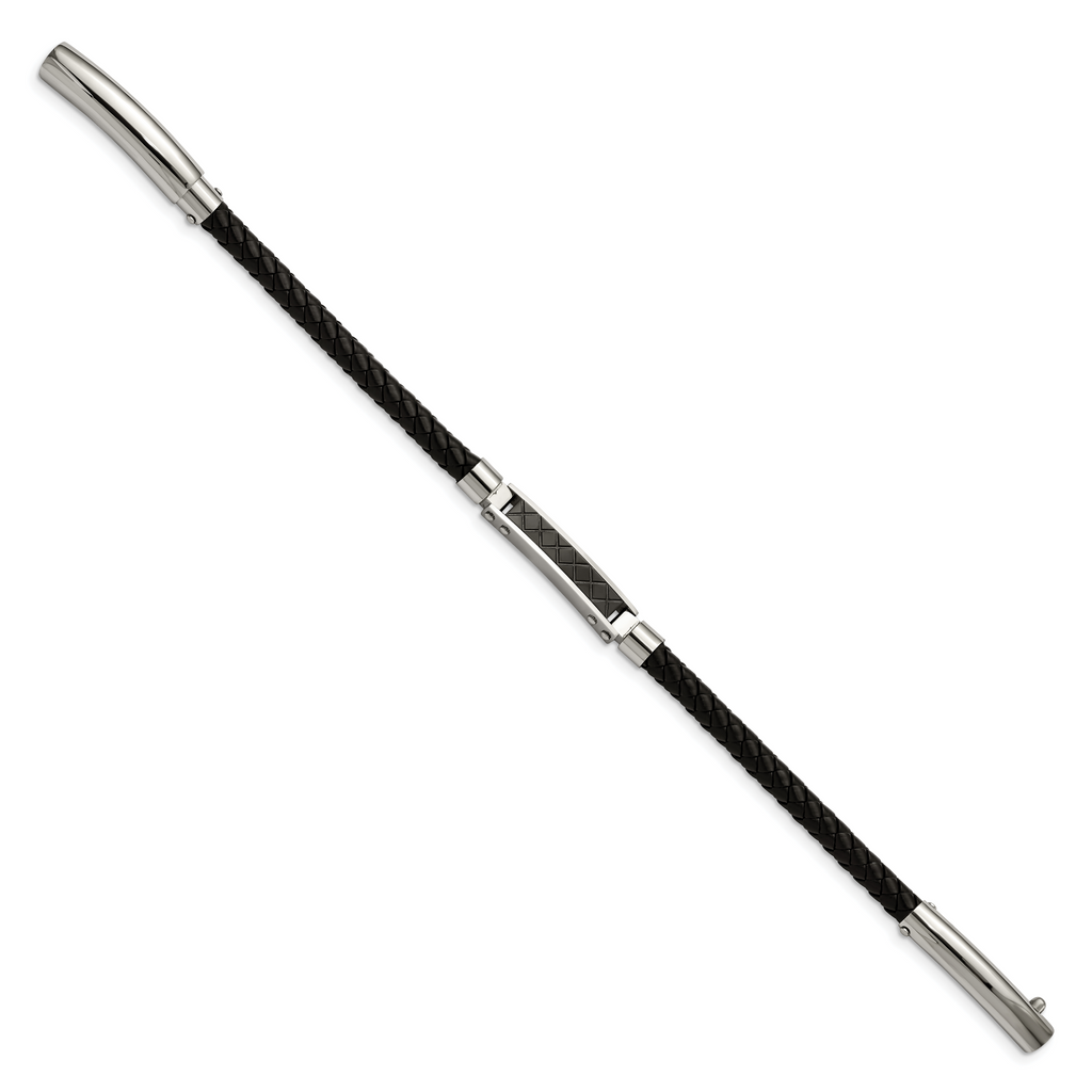 Chisel Stainless Steel Polished and Textured Black IP-plated Black Braided Leather Adjustable 7.5 and Bracelet