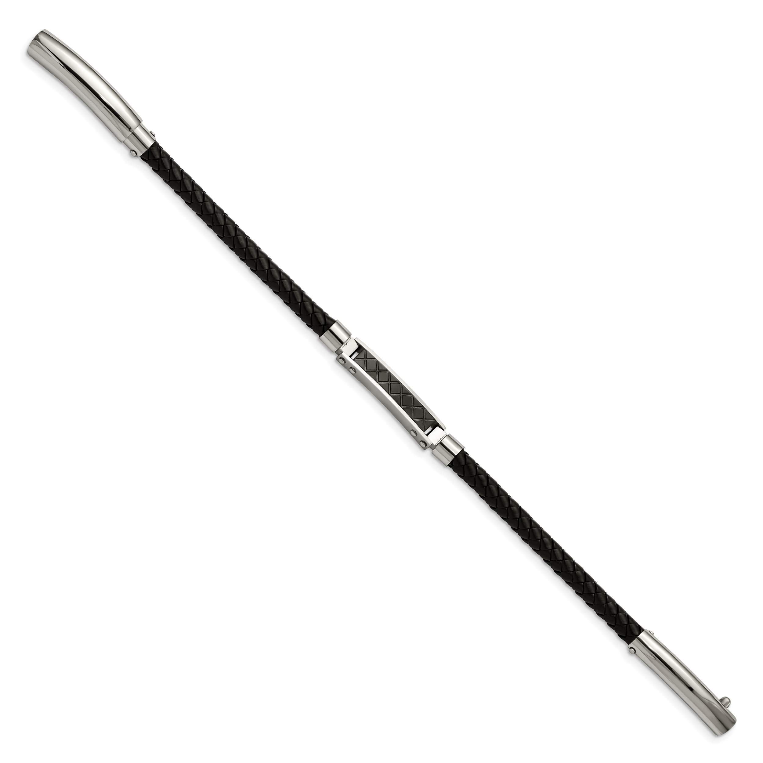 Chisel Stainless Steel Polished and Textured Black IP-plated Black Braided Leather Adjustable 7.5 and Bracelet