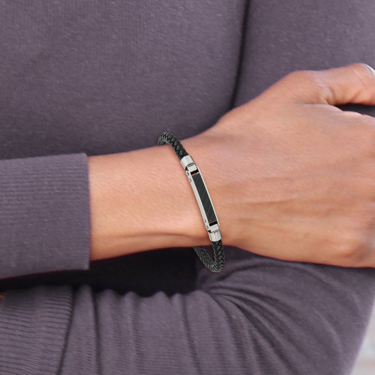 Chisel Stainless Steel Polished and Textured Black IP-plated Black Braided Leather Adjustable 7.5 and Bracelet