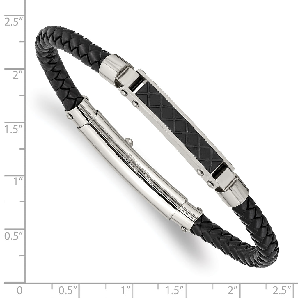 Stainless Steel Polished and Textured Black IP-plated Black Braided Leather Adjustable 7.5 and Bracelet
