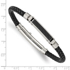 Stainless Steel Polished and Textured Black IP-plated Black Braided Leather Adjustable 7.5 and Bracelet