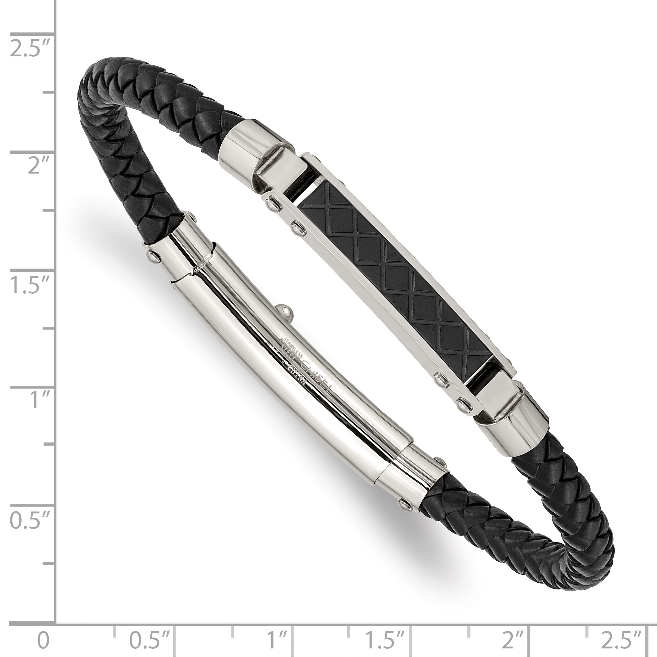 Stainless Steel Polished and Textured Black IP-plated Black Braided Leather Adjustable 7.5 and Bracelet