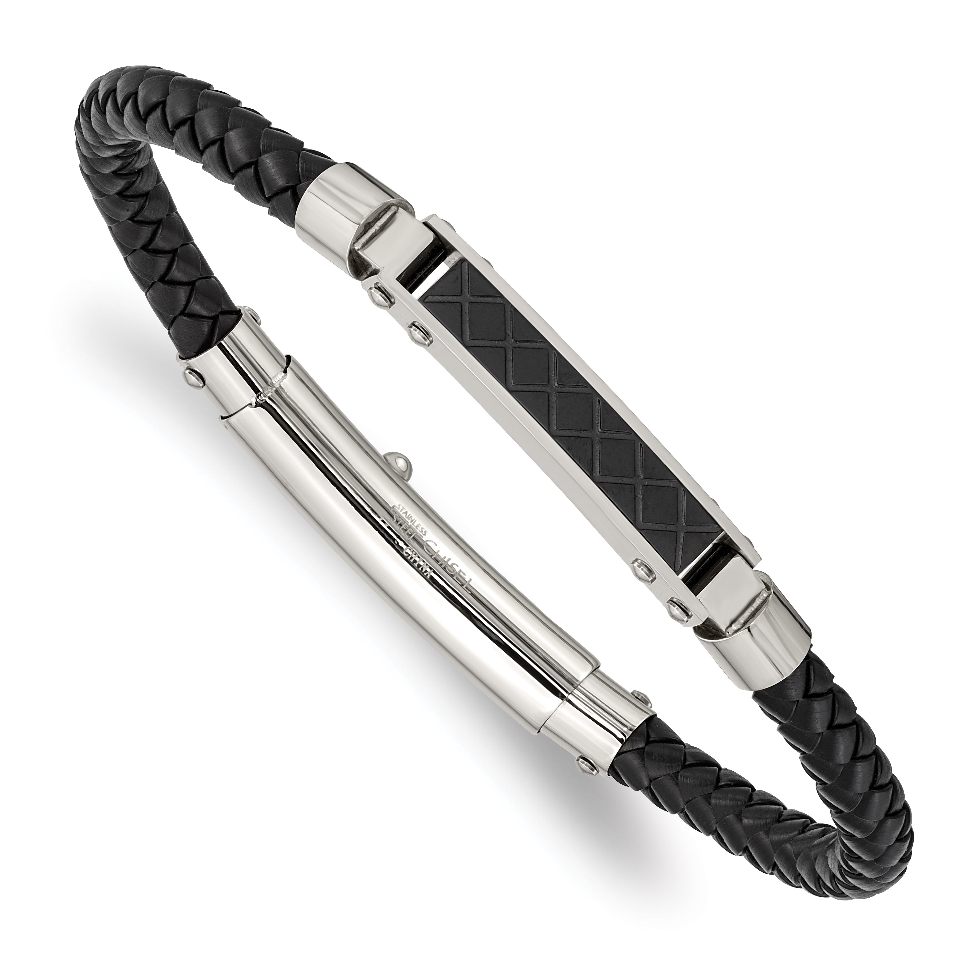 Chisel Stainless Steel Polished and Textured Black IP-plated Black Braided Leather Adjustable 7.5 and Bracelet